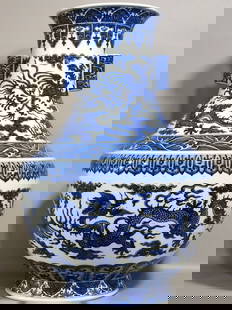Qing Dynasty Qianlong Blue and White Dragon and Phoenix Double-Handed Vase: Size: Height 59 cm - Width 39 cm Materials: Porcelain Time Period: Qing dynasty Manufactured Date: Qianlong Mark & Period Origin: China