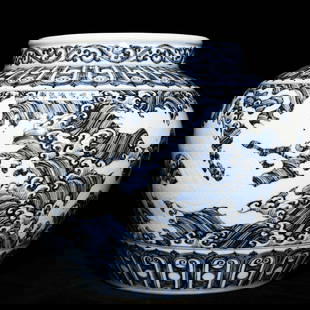 Chinese blue and white porcelain jar Ming dynasty Xuande Mark & Period: Size: Height 30 cm - Width 35 cm Materials: Porcelain Time Period: Ming dynasty Manufactured Date: Xuande Mark & Period Origin: China