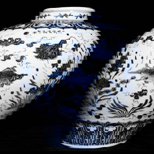 Chinese blue and white porcelain jar Ming dynasty Xuande Mark & Period: Size: Height 34 cm - Width 32 cm Materials: Porcelain Time Period: Ming dynasty Manufactured Date: Xuande Mark & Period Origin: China
