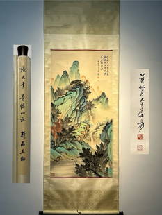 Chinese scroll painting Qing dynasty Zhang Daqian: Size: Height 137 cm - Width 67 cm Materials: ink color and paper Time Period: Qing dynasty Manufactured by: Zhang Daqian Origin: China Zhang Daqian's exquisite hand-painted green landscape painting on