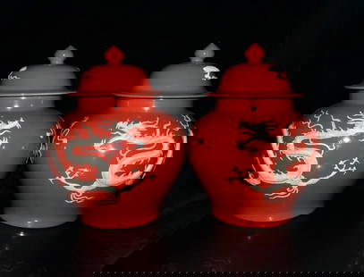 Yuan Dynasty Red Glaze Covered Dragon Jar Pair: Size: Height 43 cm - Width 33 cm Materials: Porcelain Time Period: Yuan dynasty Manufactured Date: 13th-c Period Origin: China