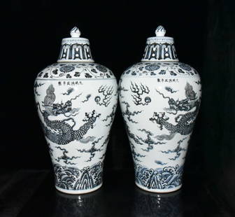 Ming Dynasty Hongwu blue and white dragon pattern plum vase pair: Size: Height 64.5 cm - Width 33 cm Materials: Porcelain Time Period: Ming dynasty Manufactured Date: Hongwu Mark & Period Origin: China