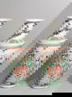 Chinese famille verte porcelain vase pair Qing dynasty Kangxi Mark & Period: Size: Height 22 cm - Width 9 cm Materials: Porcelain Time Period: Qing dynasty Manufactured Date: Kangxi Mark & Period Origin: China The Kangxi Emperor, also known by his temple name Emperor Shengzu o