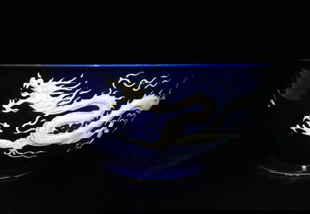 Yuan Dynasty blue glaze large bowl with dragon pattern: Size: Width 48 cm - Height 22.2 cm Materials: Porcelain Time Period: Yuan dynasty Manufactured Date: 13th-c Period Origin: China The Yuan dynasty, officially the Great Yuan, was a Mongol-led imperial