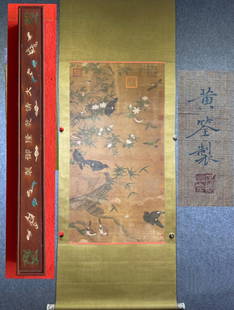 Chinese scroll painting Five dynasty Huang Quan: Size: Height 235 cm - Width 80 cm Materials: ink color and paper Time Period: Five Dynasties Manufactured by: Huang Quan Origin: China Five Dynasties - Huang Quan silk-mounted flower and bird hanging