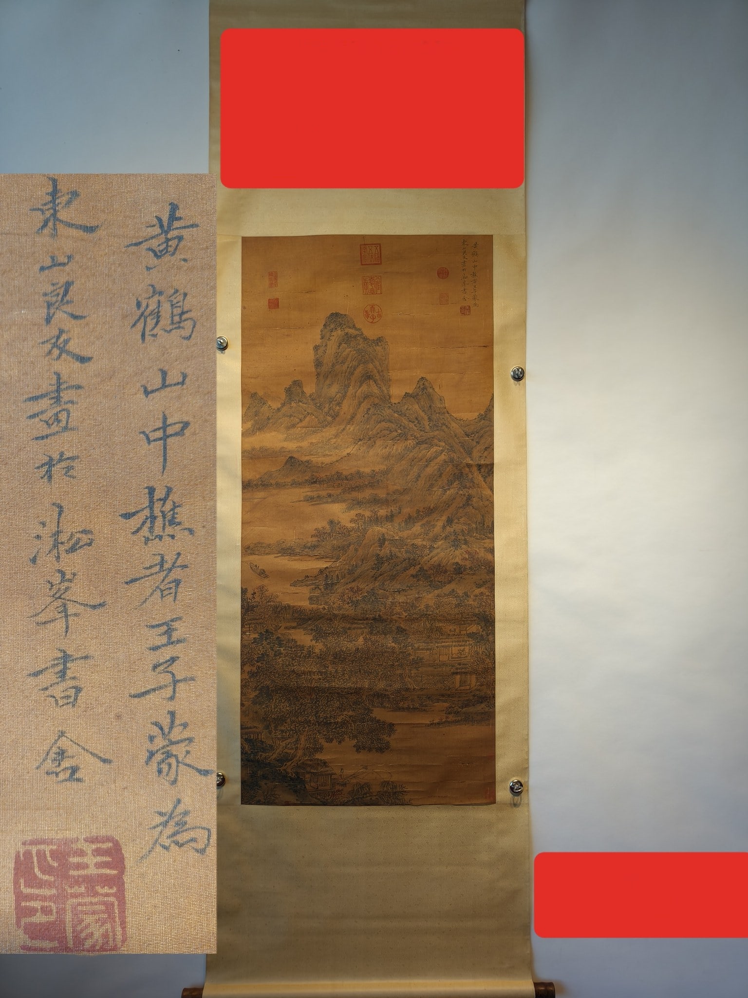 Chinese scroll painting Yuan dynasty Wang Meng: Size: Height 236 cm - Width 75 cm Materials: ink color and paper Time Period: Yuan dynasty Manufactured by: Wang Meng Origin: China Yuan Dynasty - Wang Meng's exquisite landscape hanging scroll, mount
