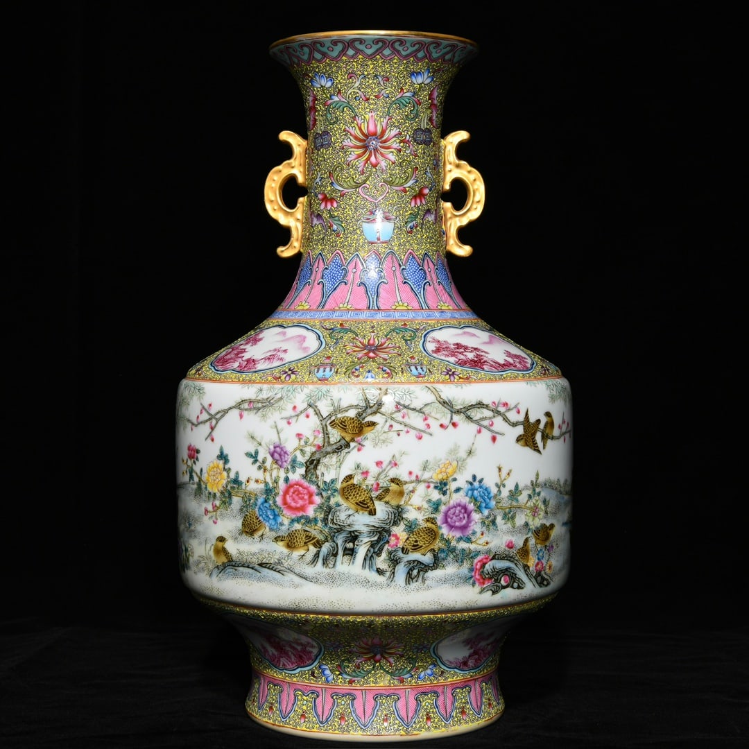 Qing Dynasty Qianlong famille rose amphora with bird flower patterns: Size: Height 37.5 cm - Width 22 cm Materials: Porcelain Time Period: Qing dynasty Manufactured Date: Qianlong Mark & Period Origin: China The Qianlong Emperor, also known by his temple name Emperor Ga