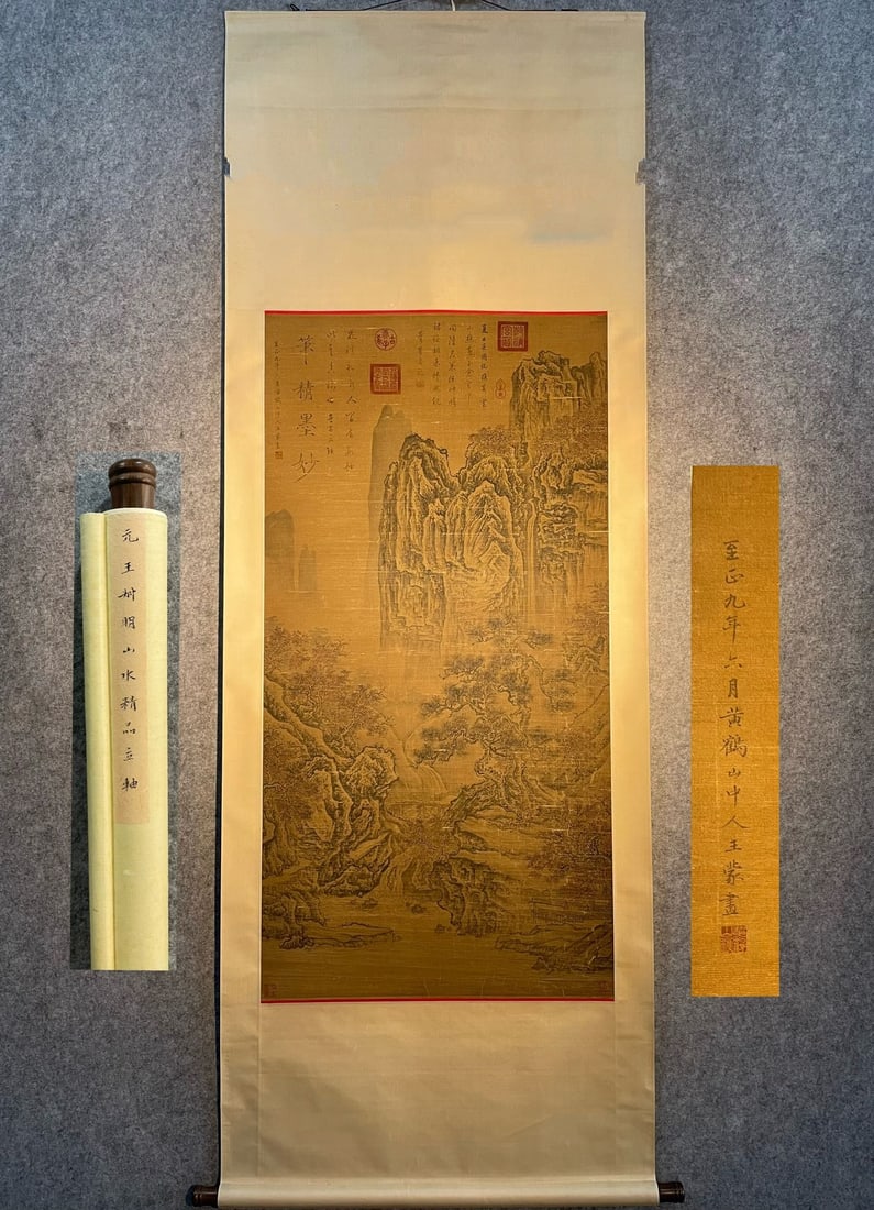 Chinese scroll painting Yuan dynasty Wang Meng: Size: Height 135 cm - Width 67 cm Materials: ink color and paper Time Period: Yuan dynasty Manufactured by: Wang Meng Object: Chinese Antique Wang Meng's exquisite four-foot-long hand-painted landscap