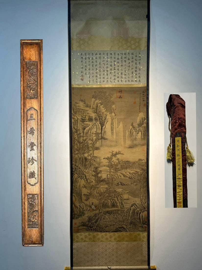 Chinese scroll painting Song dynasty Guo Xi: Size: Height 185 cm - Width 76 cm Materials: Silk Time Period: Song dynasty Manufactured by: Guo Xi Object: Chinese Antique A fine hand-painted silk scroll painting by Guo Xi, titled "Traveling Throug