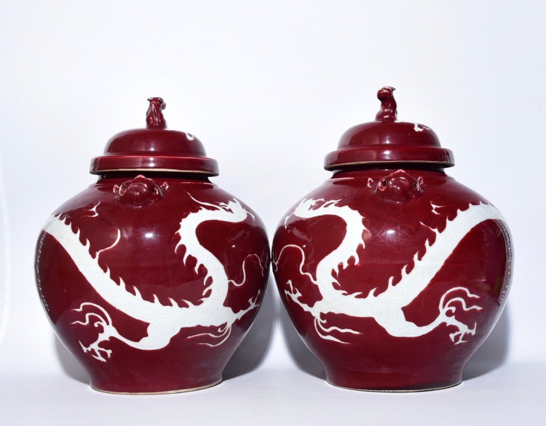 Chinese red and white porcelain jar pair Yuan dynasty: Size: Height 43 cm - Width 32 cm Materials: Porcelain Time Period: Yuan dynasty Manufactured Date: 13th-c Period Object: Chinese Antique ⛨ Purchase With Confidence ✔ Verified Auctio