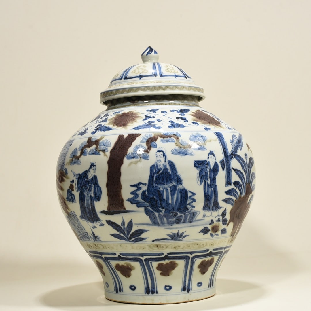 Yuan Dynasty blue and white underglaze red three-story thatched cottage covered jar: Size: Height 40 cm - Width 33 cm Materials: Porcelain Time Period: Yuan dynasty Manufactured Date: 13th-c Period Object: Chinese Antique ⛨ Purchase With Confidence ✔ Verified Auctio