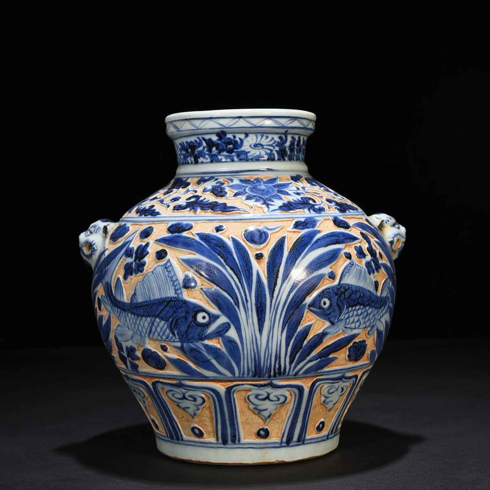 Yuan blue and white carved animal ear with fish and algae jar: Size: Height 26 cm - Width 26 cm Materials: Porcelain Time Period: Yuan dynasty Manufactured Date: 13th-c Period Object: Chinese Antique ⛨ Purchase With Confidence ✔ Verified Auctio