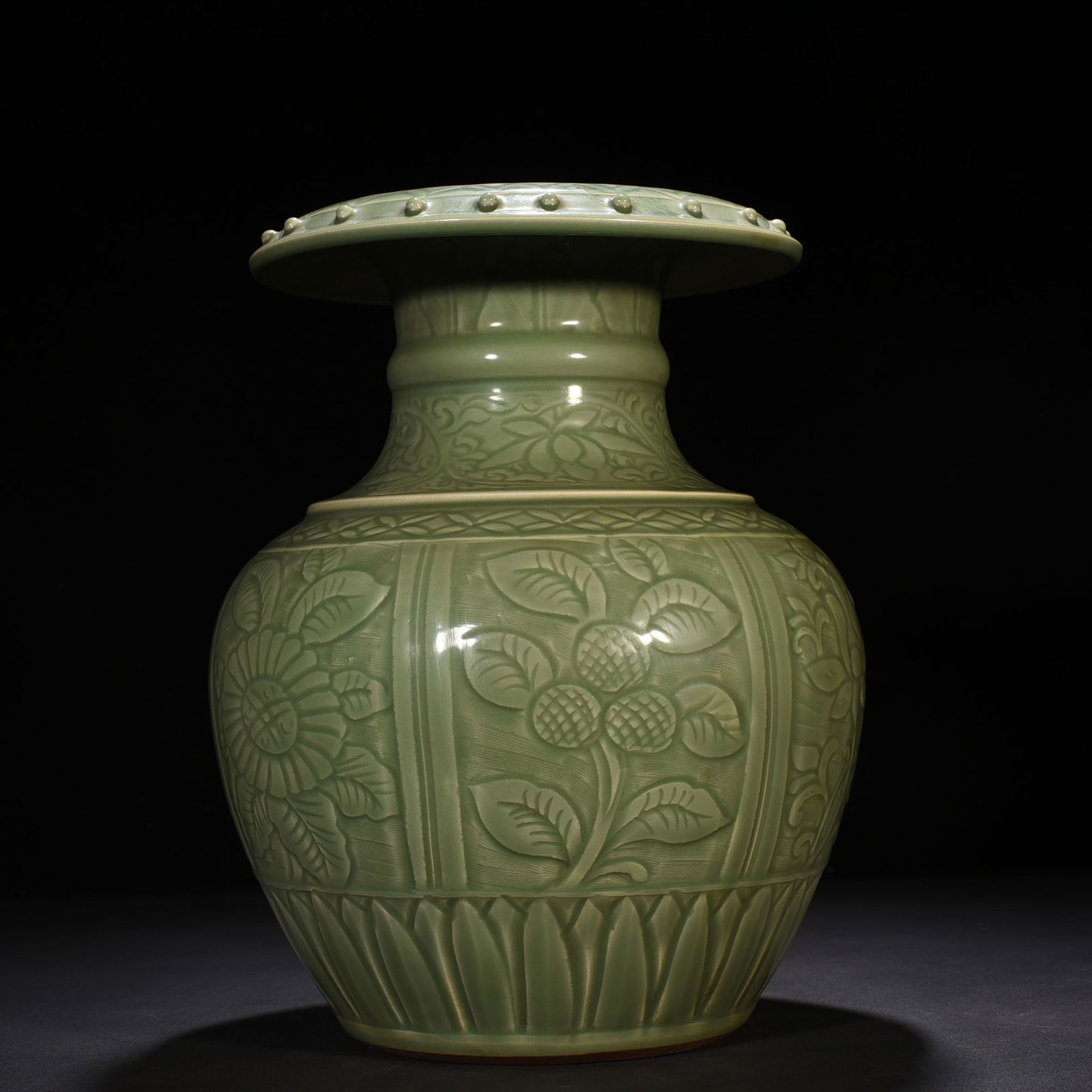 Yuan longquan plum green glaze engraved folding branch flower and fruit inverted bottle (1 of 8)