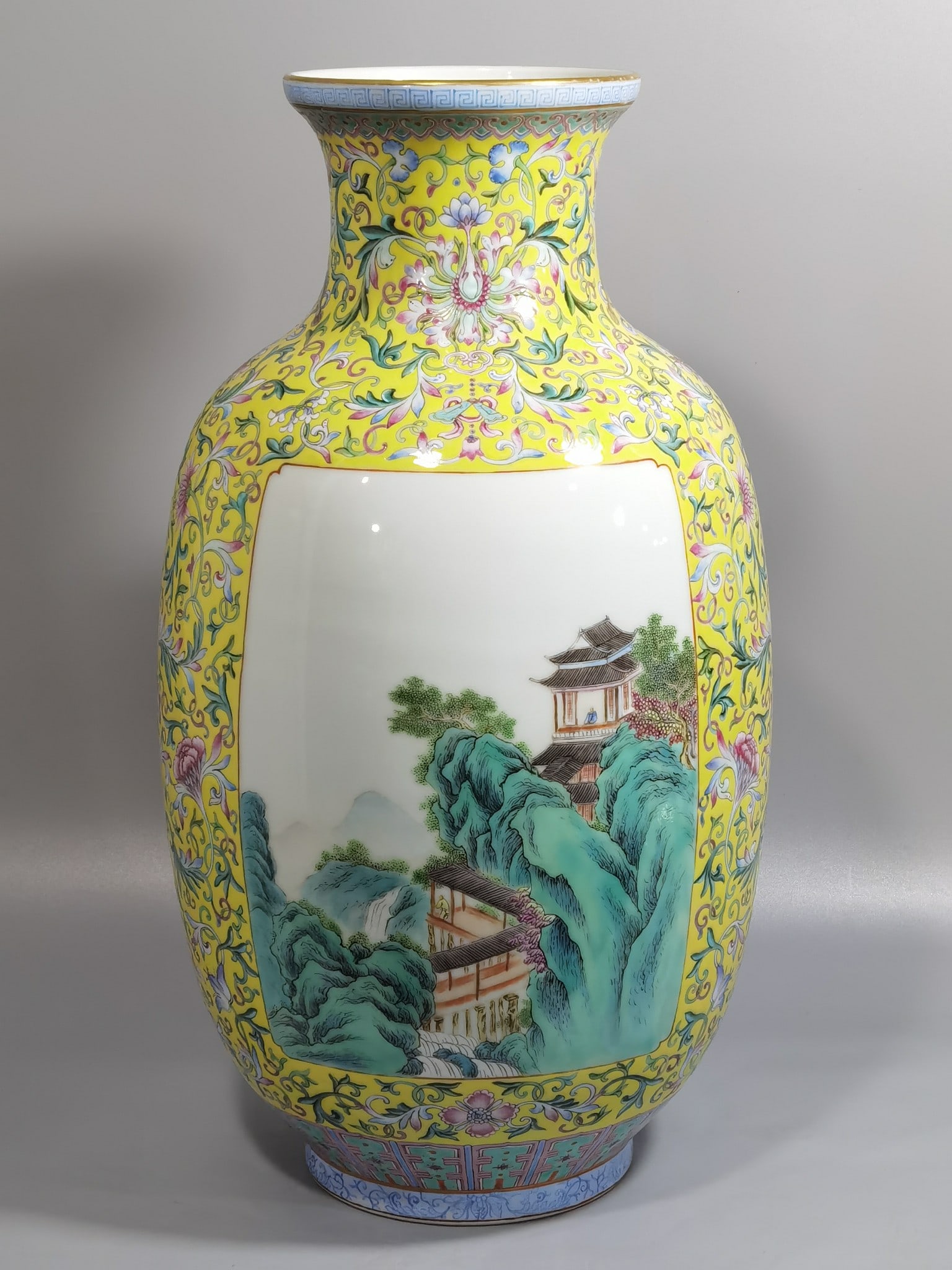 Qianlong period Qing Dynasty yellow ground pastel Xipan lotus window landscape figure vase (1 of 9)