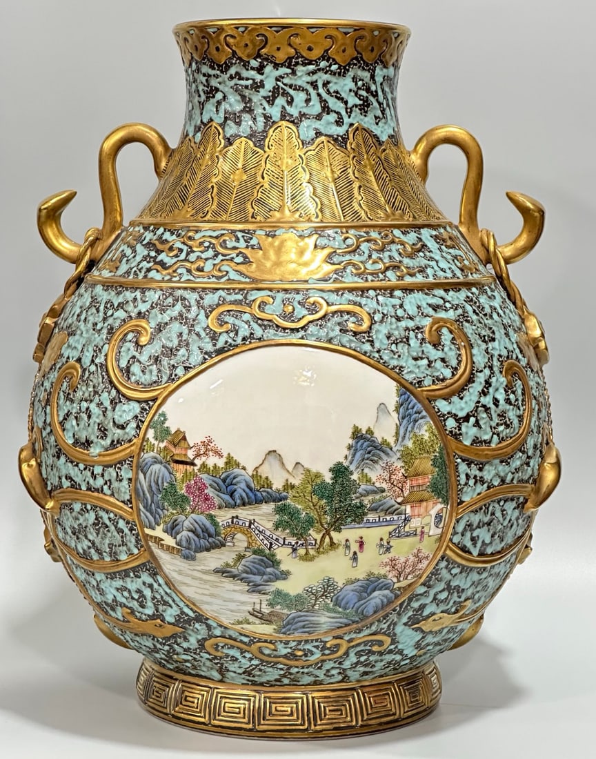 Qianlong Qing Dynasty Bronze color carving with gilded window landscape pavilion Ruyi amphora (1 of 9)