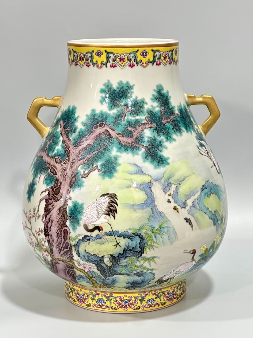 Qianlong Qing Dynasty Enamel double-eared statue with pines and cranes prolonging vase: Size: Height 29 cm - Width 23 cm Materials: Porcelain Time Period: Qing dynasty Manufactured Date: Qianlong Mark & Period Object: Chinese Antique ⛨ Purchase With Confidence ✔ Verifi
