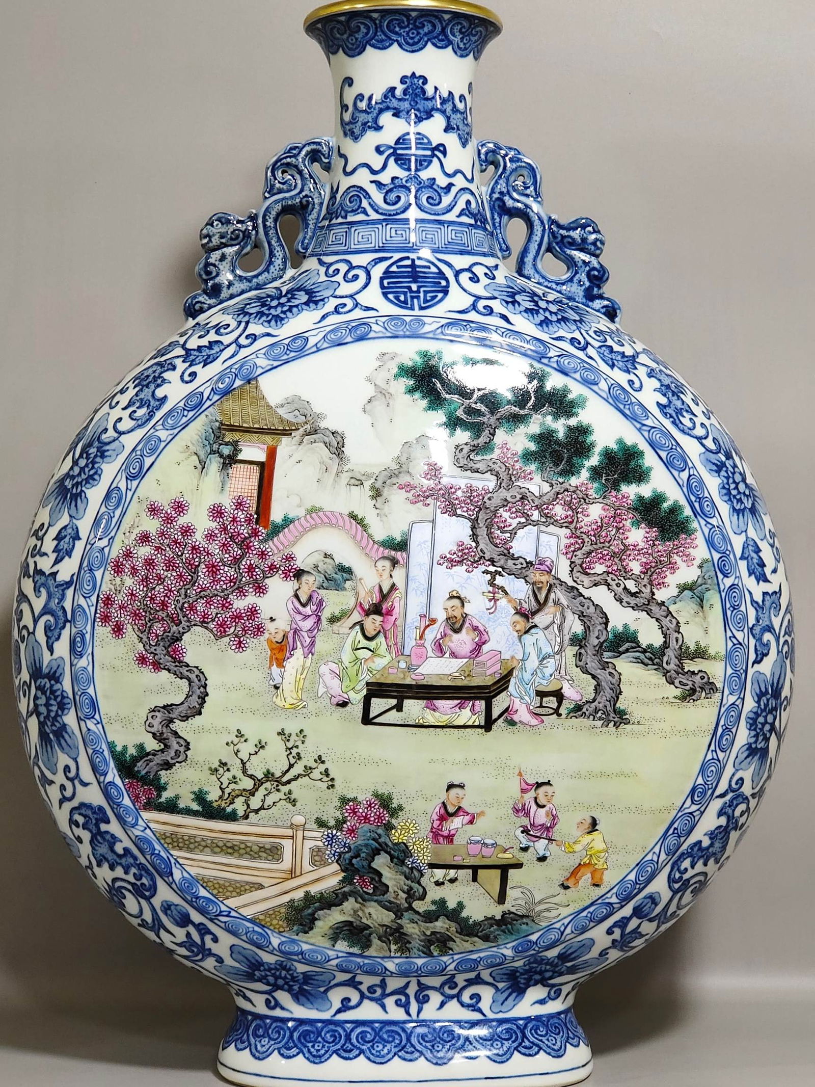 Qing Dynasty Qianlong blue and white and famille rose porcelain large flat vase (1 of 8)
