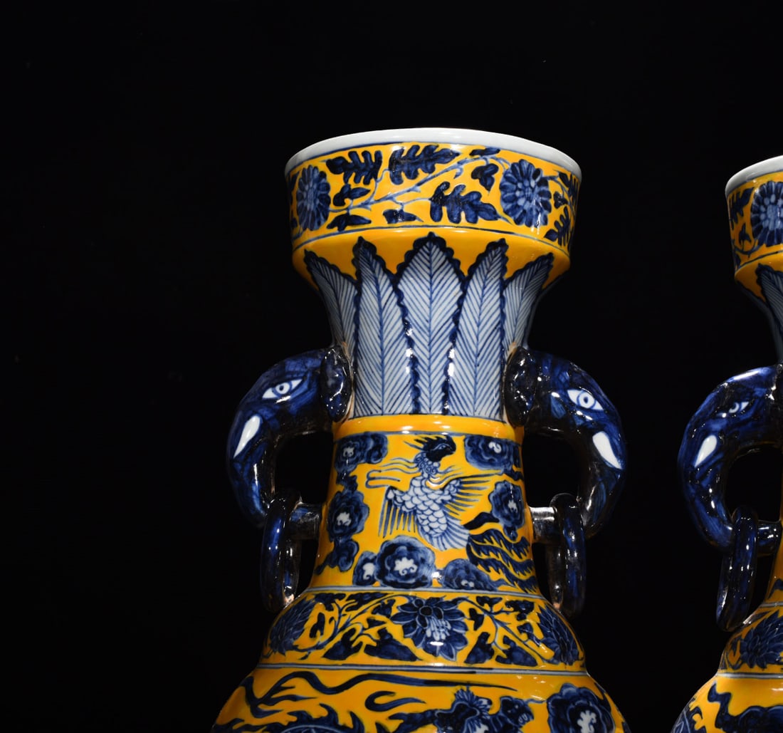 Yuan Dynasty blue and white delicate yellow glaze cloud and dragon elephant ear vase pair - 2
