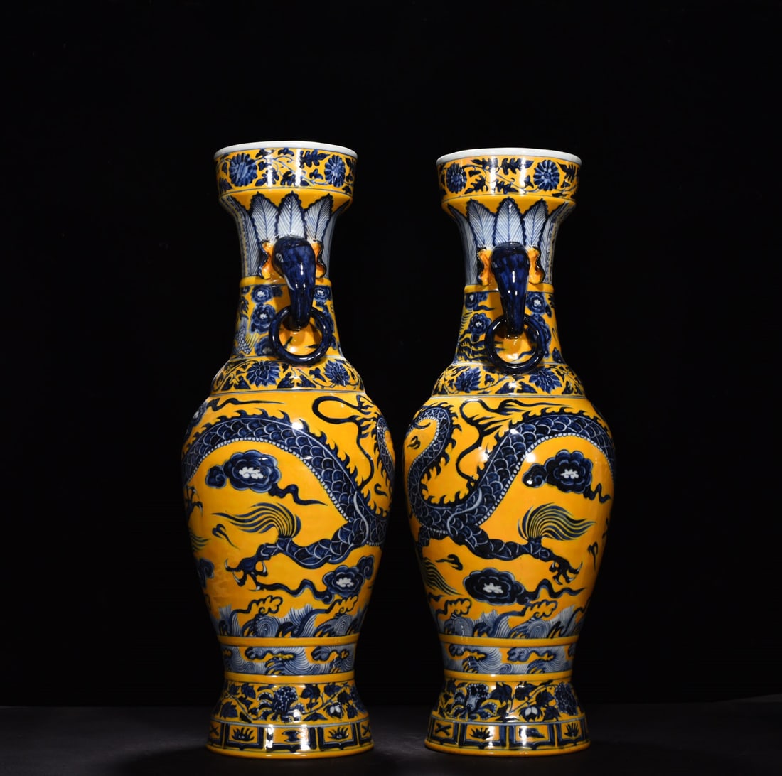Yuan Dynasty blue and white delicate yellow glaze cloud and dragon elephant ear vase pair - 4