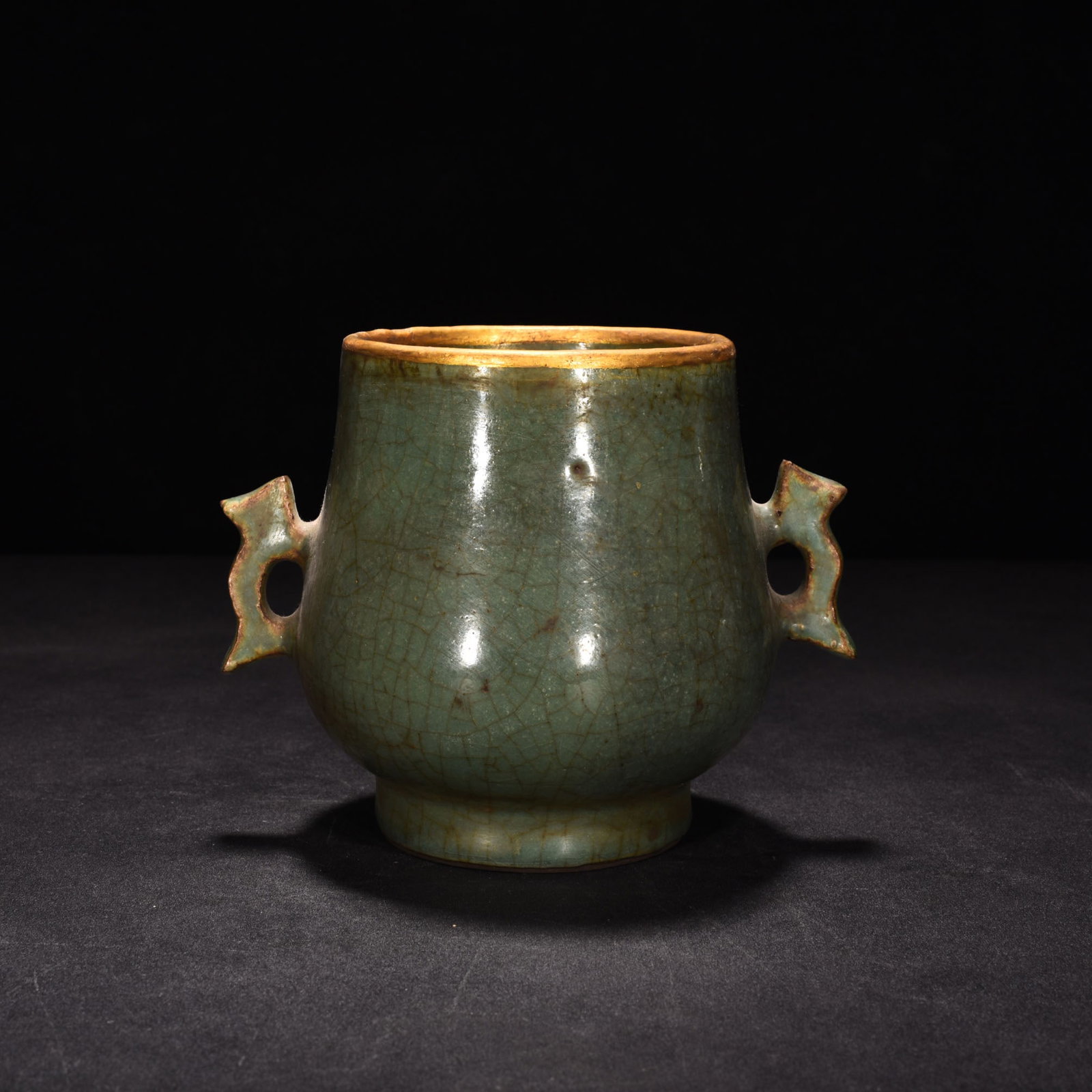 Song Dynasty Longquan kiln plum celadon glaze with gold double-eared stove: Size: Width 16 cm - Height 12.5 cm Materials: Porcelain Time Period: Song dynasty Manufactured Date: 10th-c Period Object: Chinese Antique ⛨ Purchase With Confidence ✔ Verified Auct
