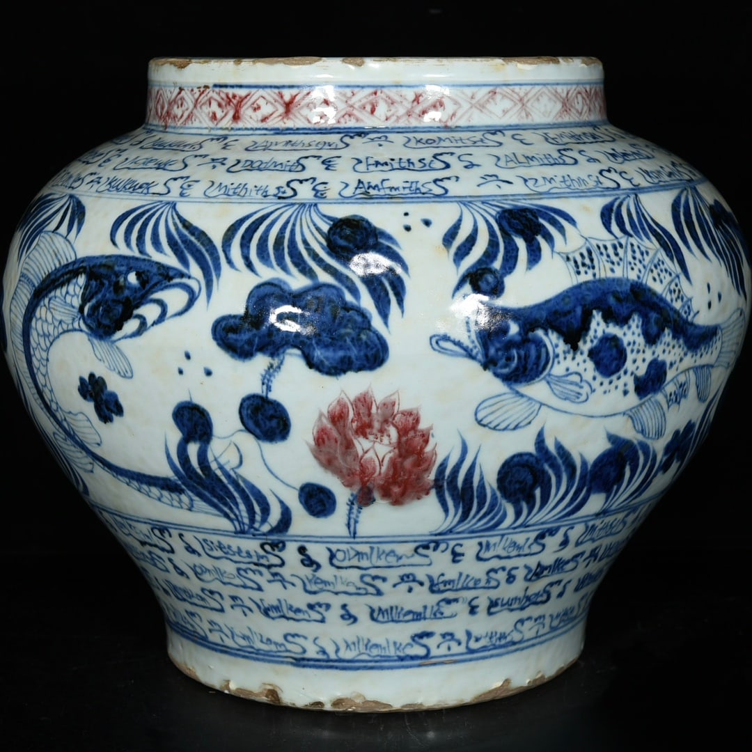 Yuan Dynasty blue and white underglaze red fish and algae pattern jar (1 of 9)