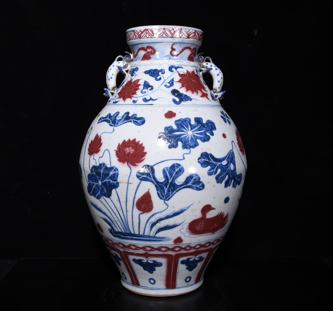 Yuan Dynasty blue and white underglaze red mandarin duck lotus amphora: Size: Height 44 cm - Width 27 cm Materials: Porcelain Time Period: Yuan dynasty Manufactured Date: 13th-c Period Object: Chinese Antique ⛨ Purchase With Confidence ✔ Verified Auctio