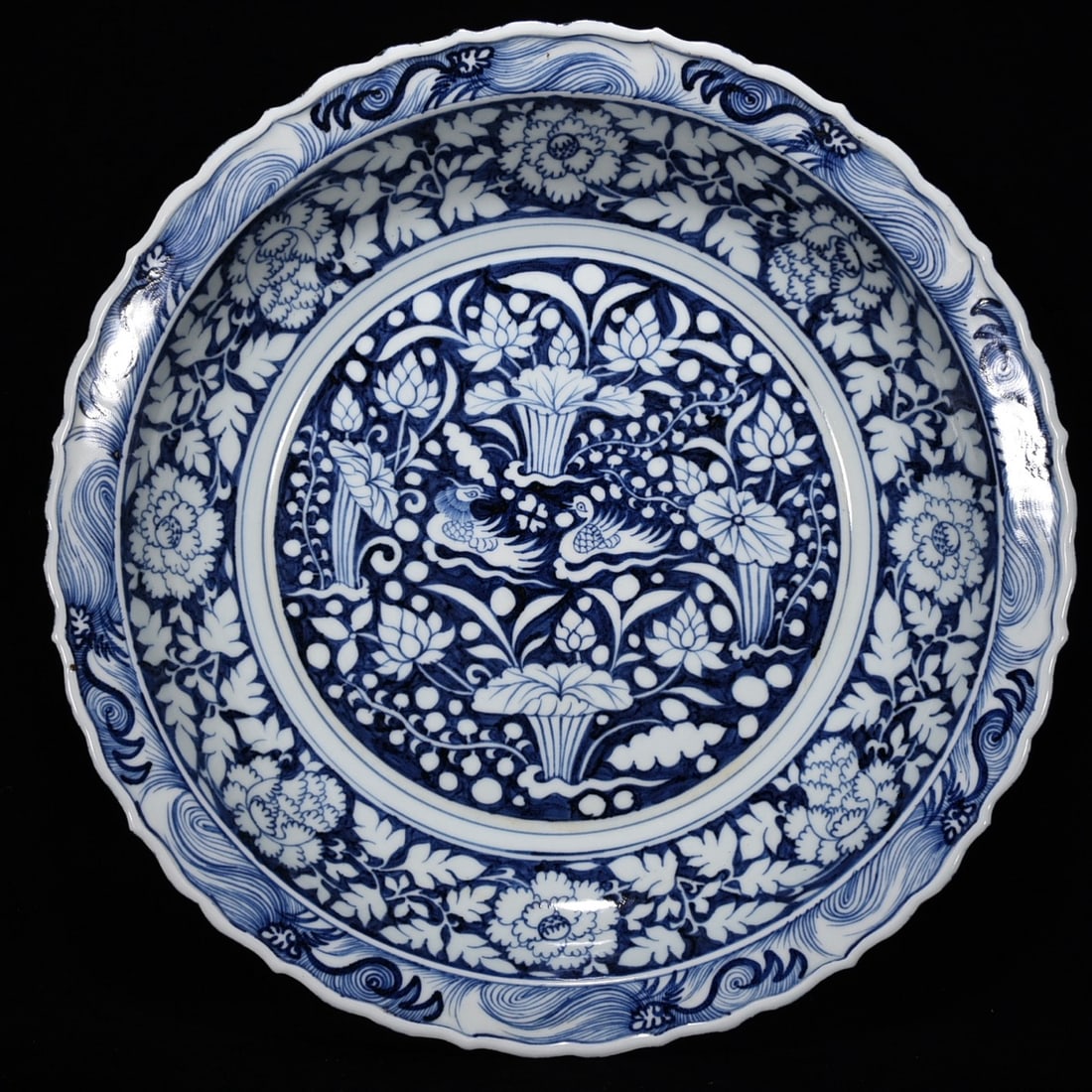 Yuan Dynasty blue and white mandarin duck playing with lotus plate (1 of 9)