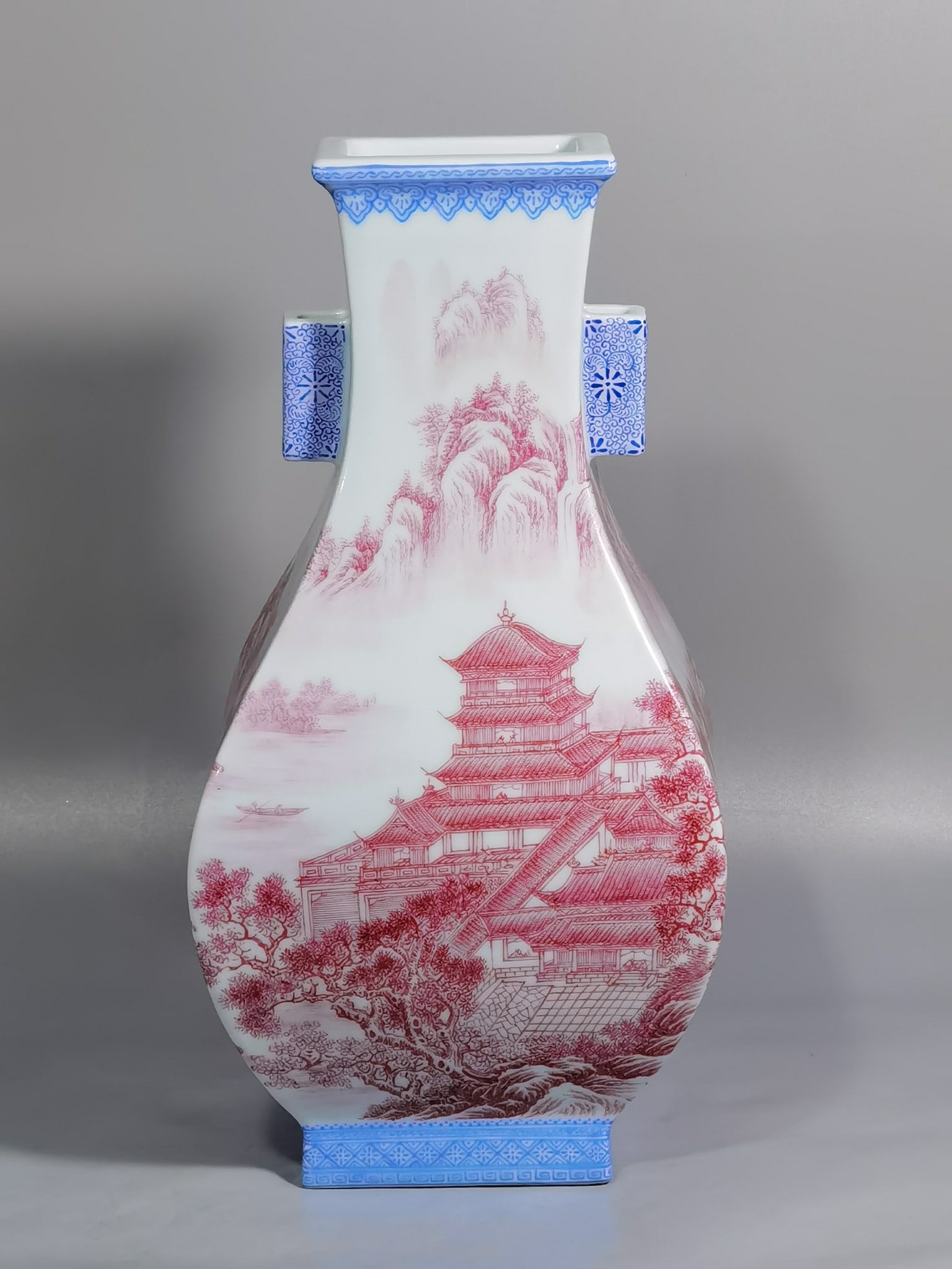 Qing Dynasty Qianlong period enamel agate red pavilion landscape objects square ear vase (1 of 8)