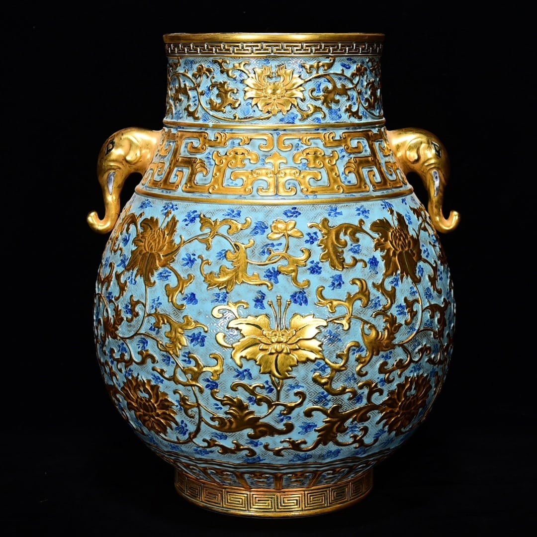 Qianlong period Qing Dynasty gilt bronze glazed relief with peony vase (1 of 9)