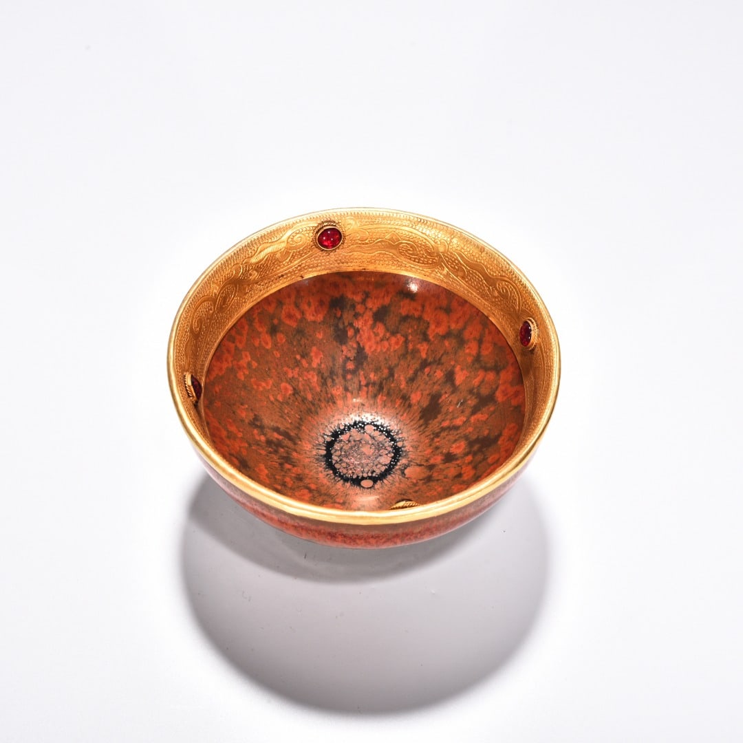 Chinese red glazed cup Jianyao Song Dynasty gilt inlaid precious stones (1 of 8)