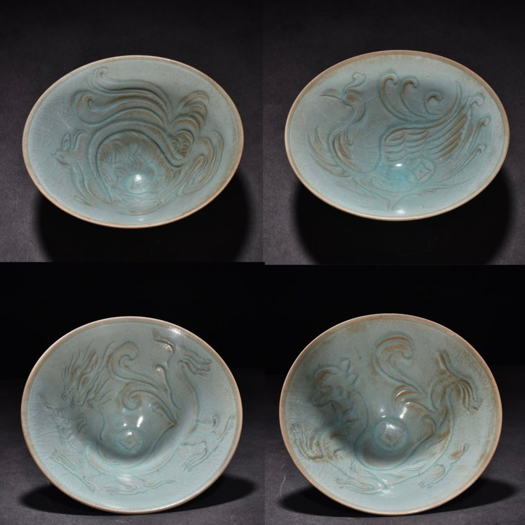 Song Dynasty Ru kiln azure glaze bamboo poems four-way mythical animals hat bowl: Size: Width 19 cm - Height 9 cm Materials: Porcelain Time Period: Song dynasty Manufactured Date: 10th-c Period Object: Chinese Antique ⛨ Purchase With Confidence ✔ Verified Auction