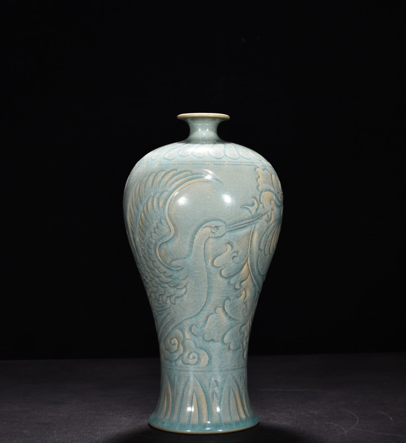 Song Dynasty Ru kiln azure glaze carved peony cloud and crane plum vase: Size: Height 28 cm - Width 13 cm Materials: Porcelain Time Period: Song dynasty Manufactured Date: 10th-c Object: Chinese Antique ⛨ Purchase With Confidence ✔ Verified Auction House