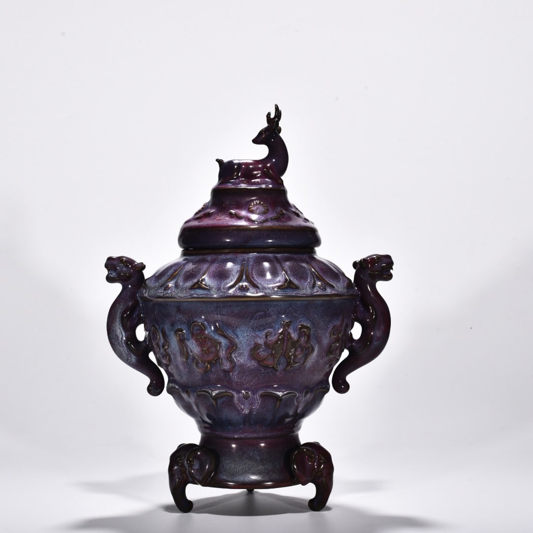 Song Dynasty Jun Kiln Rose Purple Glaze Eight Treasures Double-Ear Stove: Size: Height 36.5 cm - Width 26 cm Materials: Porcelain Time Period: Song dynasty Manufactured Date: 10th-c Object: Chinese Antique ⛨ Purchase With Confidence ✔ Verified Auction Hou