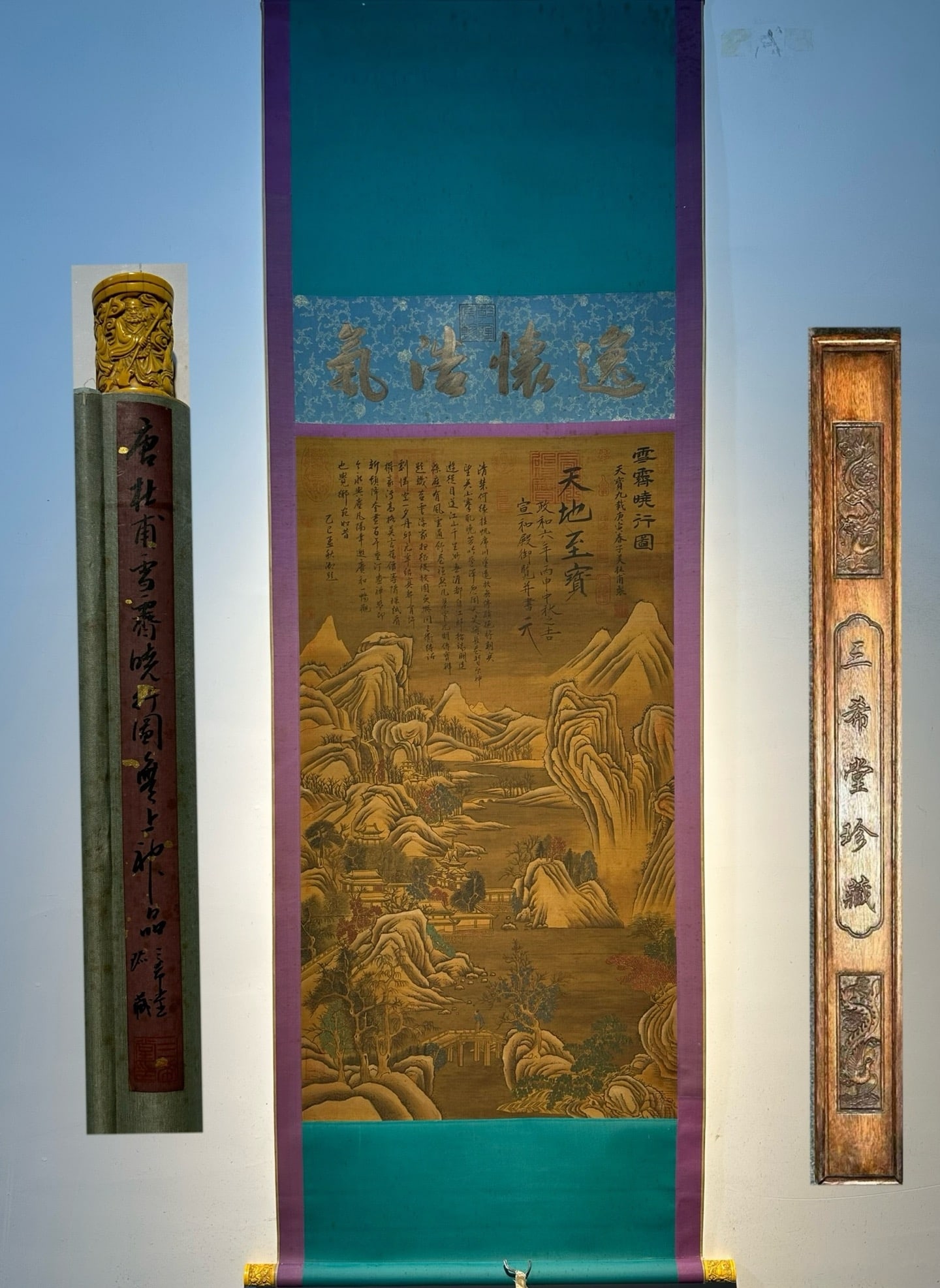 Chinese scroll painting Tang dynasty Du Fu: Size: Height 150 cm - Width 70 cm Materials: Silk Time Period: Tang dynasty Manufactured by: Du Fu Object: Chinese Antique Du Fu's exquisite silk hand-painted landscape painting "Snowy Morning