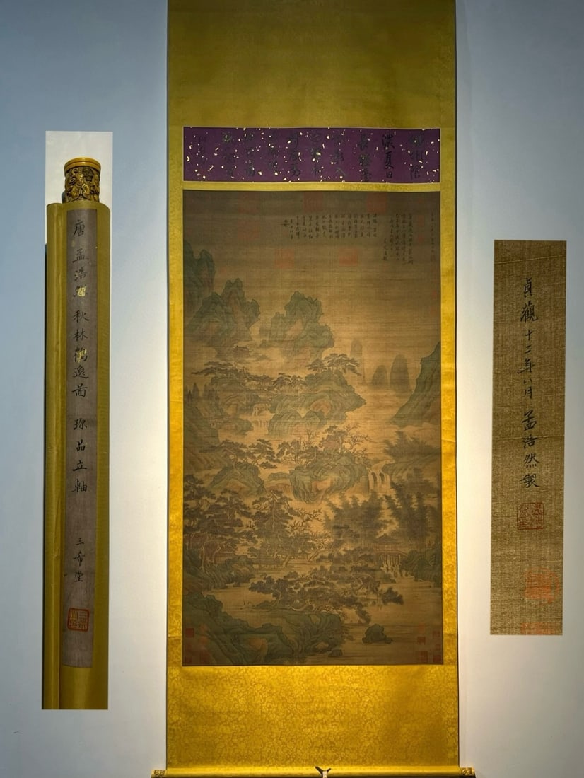 Chinese scroll painting Tang dynasty Meng Haoran: Size: Height 300 cm - Width 114 cm Materials: Silk Time Period: Tang dynasty Manufactured by: Meng Haoran Object: Chinese Antique A fine iv0ry scroll painting, "Autumn Forest and Cranes in Retreat," e
