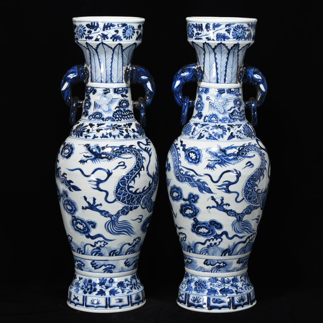 Yuan Dynasty blue and white elephant dragon and phoenix trunk vase: Size: Height 62 cm - Width 22 cm Materials: Porcelain Time Period: Yuan dynasty Manufactured Date: 13th-c Period Object: Chinese Antique ⛨ Purchase With Confidence ✔ Verified Auctio