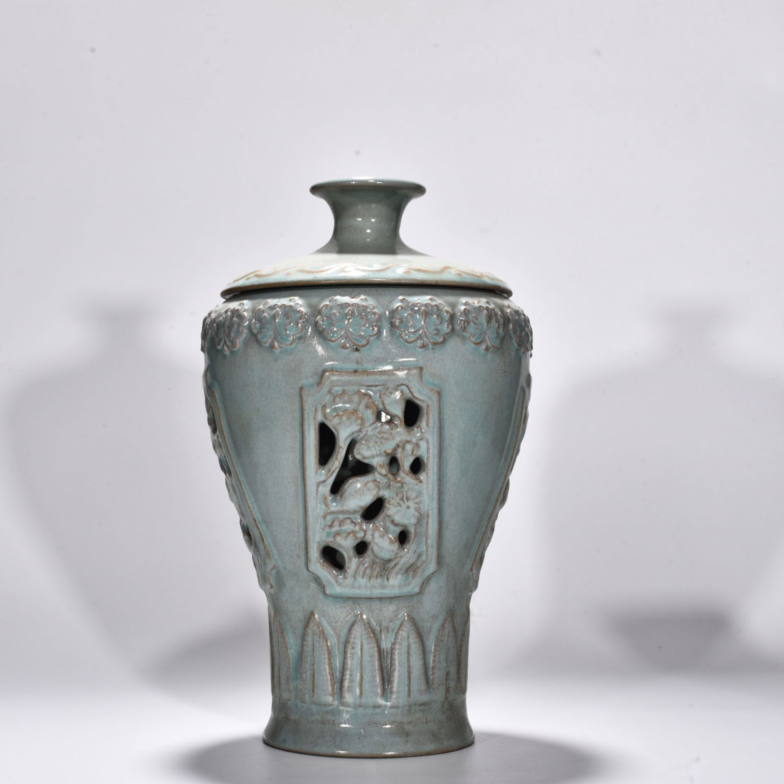Song Dynasty Ru kiln azure glaze four square mythical beasts hollow plum vase: Size: Height 35 cm - Width 22 cm Materials: Porcelain Time Period: Song dynasty Manufactured Date: 10th-c Object: Chinese Antique ⛨ Purchase With Confidence ✔ Verified Auction House