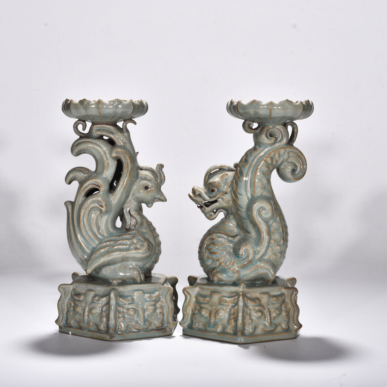 Song Dynasty Ru Kiln Azure-glazed dragon and phoenix candlestick: Size: Height 24.5 cm - Width 13 cm Materials: Porcelain Time Period: Song dynasty Manufactured Date: 10th-c Object: Chinese Antique ⛨ Purchase With Confidence ✔ Verified Auction Hou