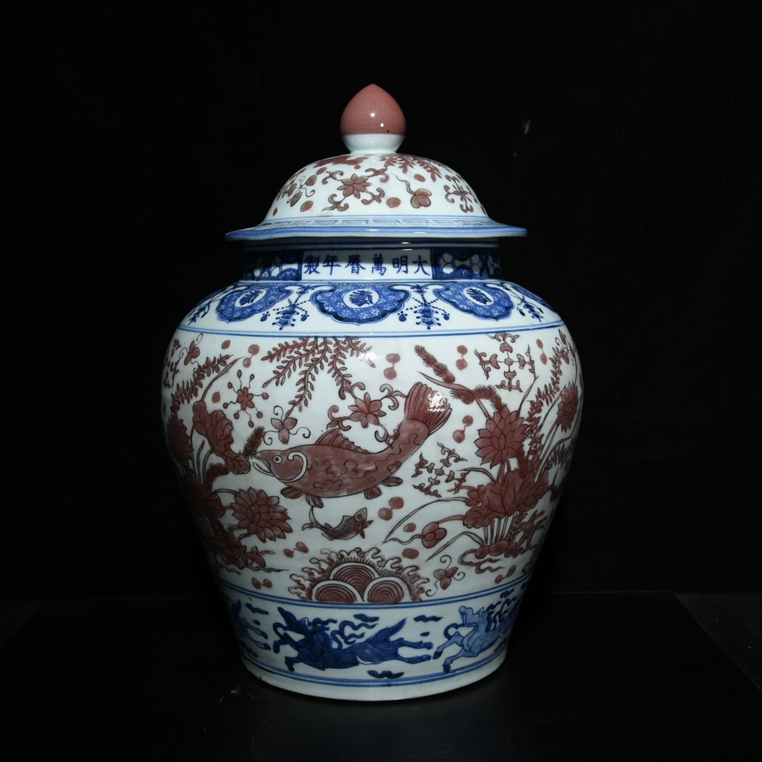 Ming Dynasty Wanli blue and white underglaze red fish and algae lid jar (1 of 9)