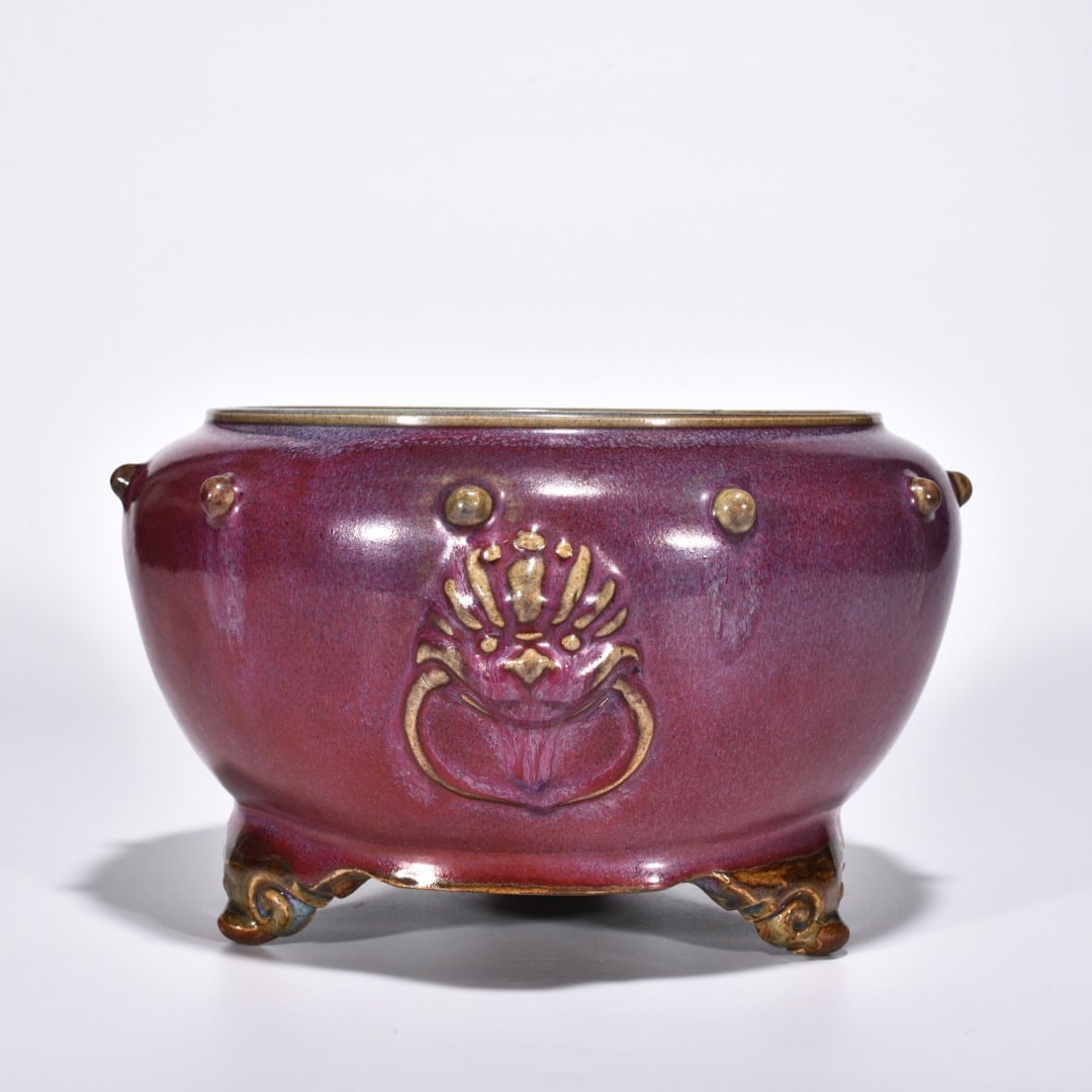 Song Dynasty Jun kiln obsidian rose red glaze animal ear drum nail three-legged wash: Size: Width 26 cm - Height 14.5 cm Materials: Porcelain Time Period: Song dynasty Manufactured Date: 10th-c Period Object: Chinese Antique ⛨ Purchase With Confidence ✔ Verified Auct