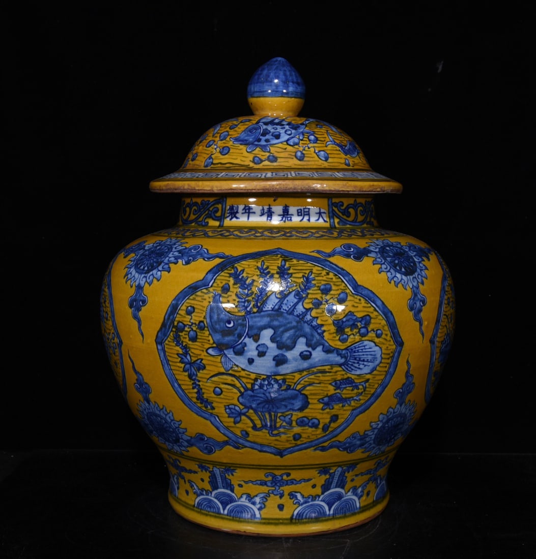Ming Dynasty Jiajing yellow ground blue and white fish and algae lid jar: Size: Height 40 cm - Width 34 cm Materials: Porcelain Time Period: Ming dynasty Manufactured Date: Jiajing Mark & Period Object: Chinese Antique ⛨ Purchase With Confidence ✔ Verifie