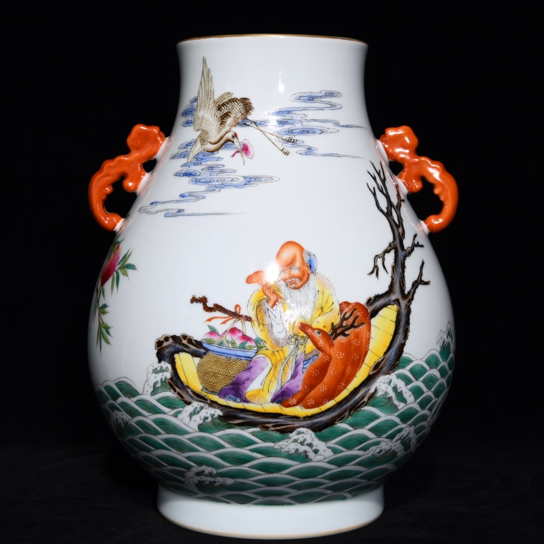 Qing Dynasty Qianlong famille rose Dongfang Shuo stealing peach fortune longevity double-eared Zun (1 of 9)