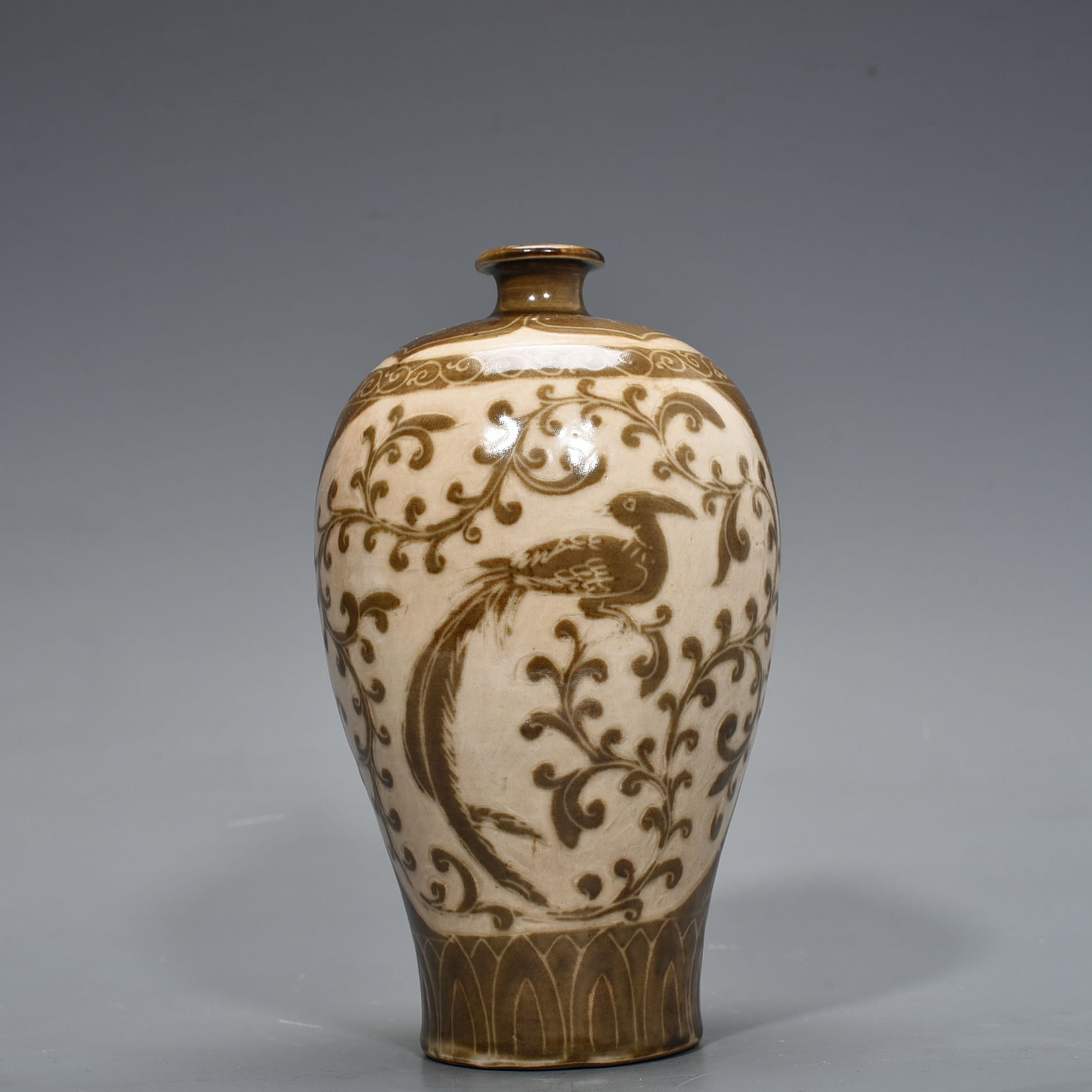 Song Dynasty Ding Kiln brown color engraved flower and bird pattern plum vase (1 of 7)