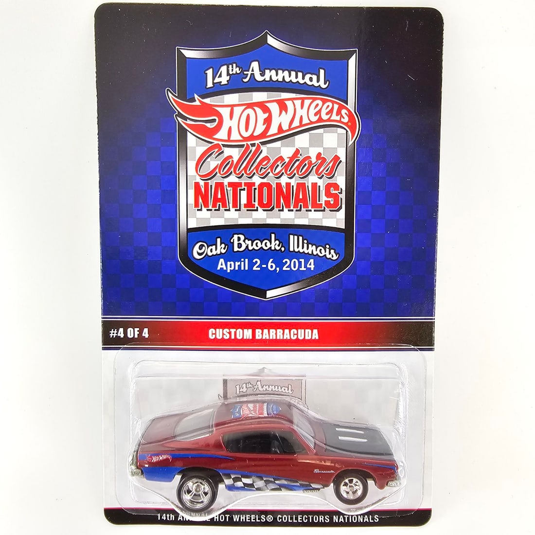 Hot wheels Nationals Barracuda: Hot Wheels 2014 14th annual Collectors Nationals Custom Barracuda 744/1200. Blister looks to be firmly attached with crystal clear with no cracks or holes. Card seems to be brightly colored with no ma