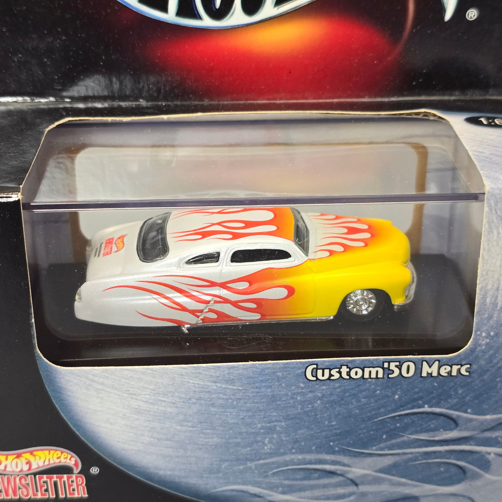 100% Hot Wheels Newsletter Custom '50 Merc: Box: excellent with very light shelf wear in spots Blister/Bubble: looks to be clear and factory sealed, little to no wear Item: unopened, no notable damage or wear,