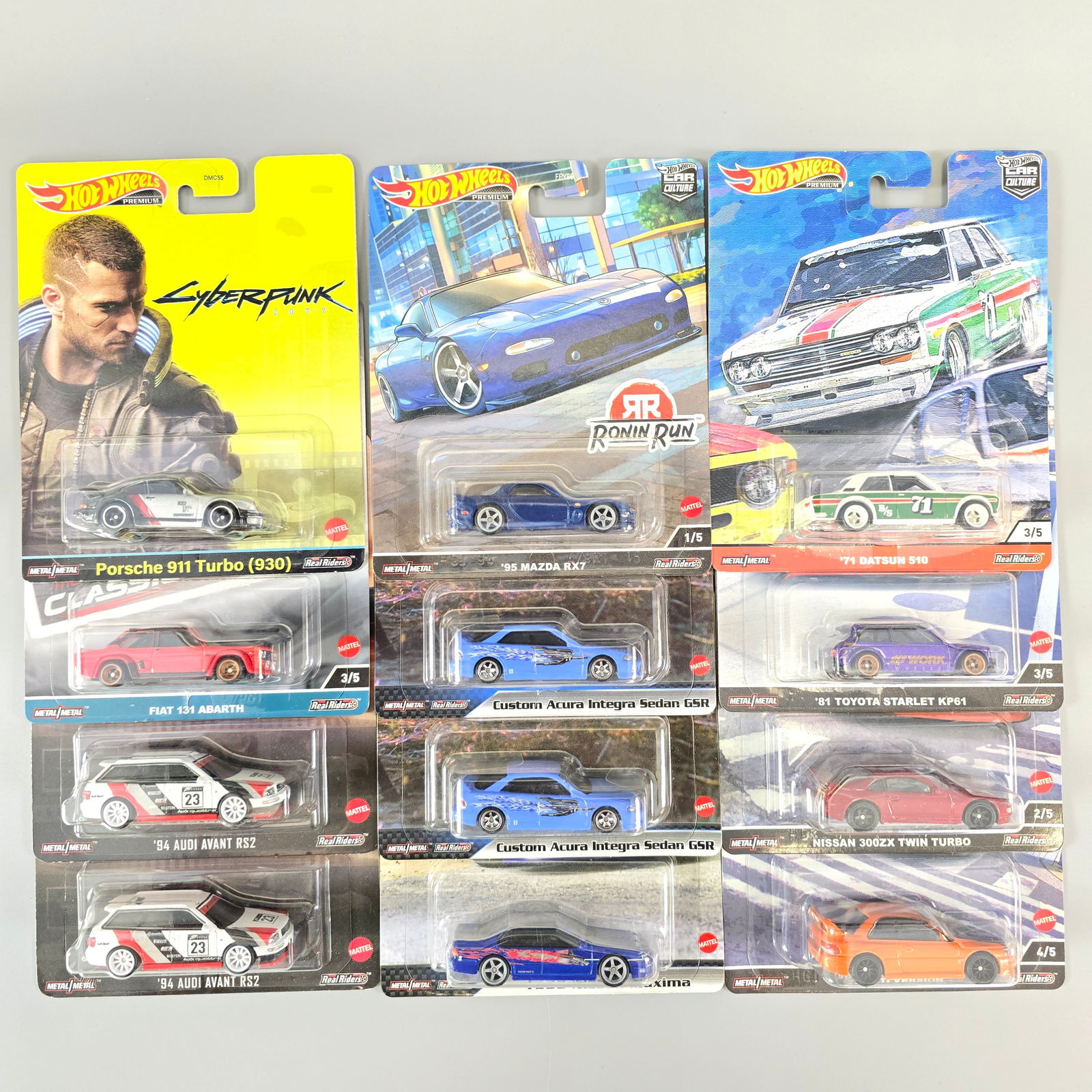 Hot Wheels Car Culture lot: Includes: Cyberpunk Porsche 911 Turbo, Ronin Runs: 1981 Toyota Starlet, 98 Subaru Impreza, Nissan 300ZX, 95 Mazda RX7, 71 Datsun 510, 99 Nissan Maxima, (2) Fast & Furious Custom Acura Integra Seda