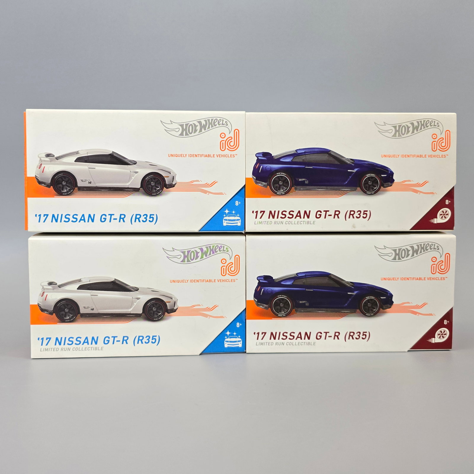 Hot Wheels Nissan R35 ID lot of 4: Includes 4 17 Nissan GT-R (R350, 2 each in blue and white Boxes: excellent with no issues of note Blister/Bubbles: looks to be clear and firmly attached, little to no wear <