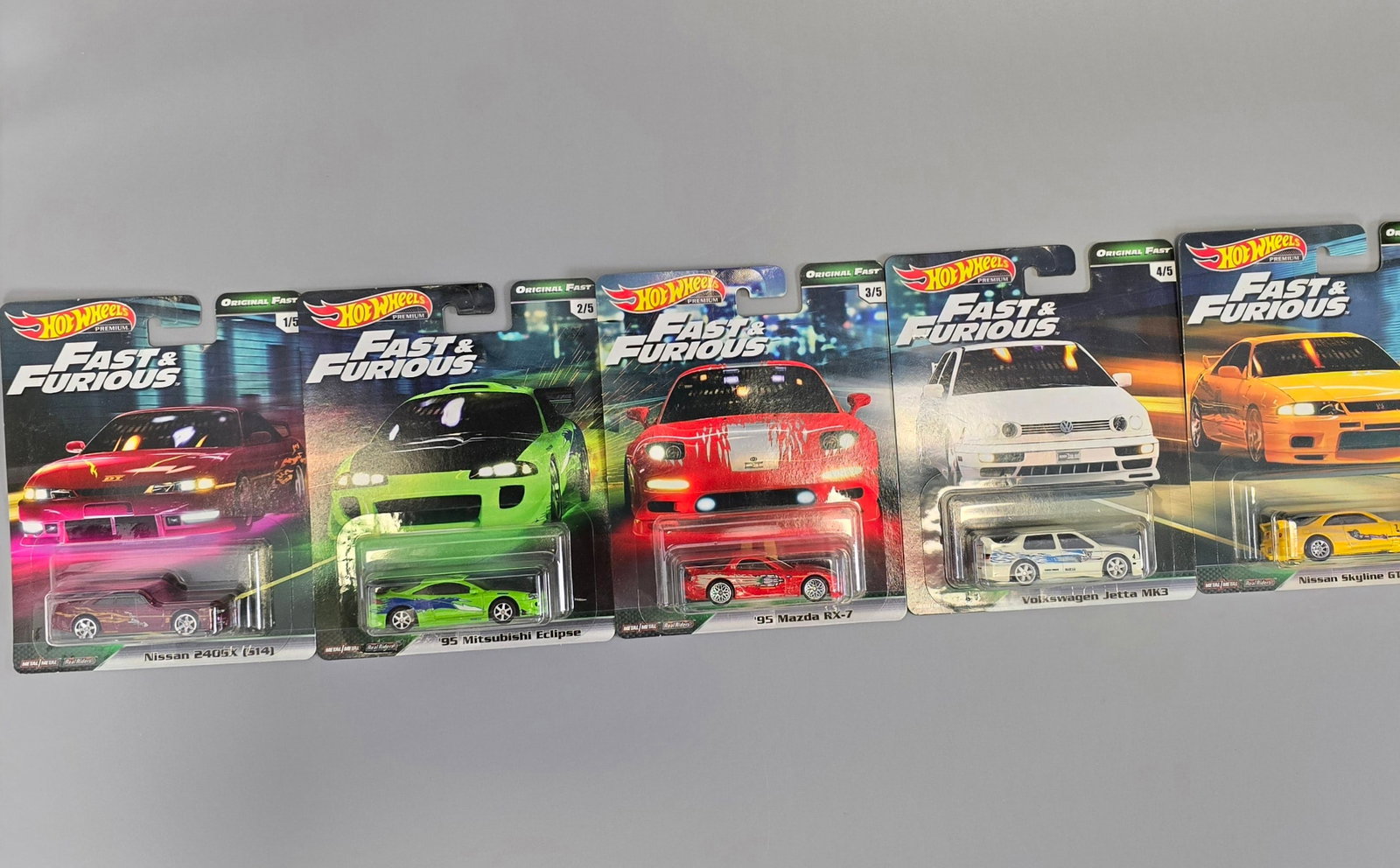 Hot Wheels Car Culture Original Fast complete set: Cards: excellent with the only issues of note being a small crease in the upper left corner of the Mazda RX-7 and a tiny bit of color loss on the back of the Jhook of the Eclipse, a few have very mino