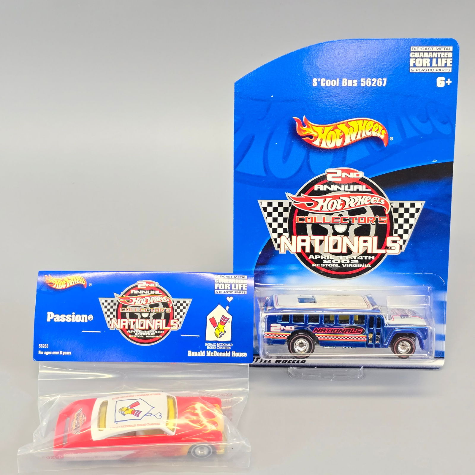 Hot Wheels 2nd Collectors Nationals pair: Includes: Baggied with header card Mcdonalds Charity Passion and carded S'Cool Bus Cards: very good to excellent with no issues of note Blister/Bubbles: looks to be clear and firmly atta