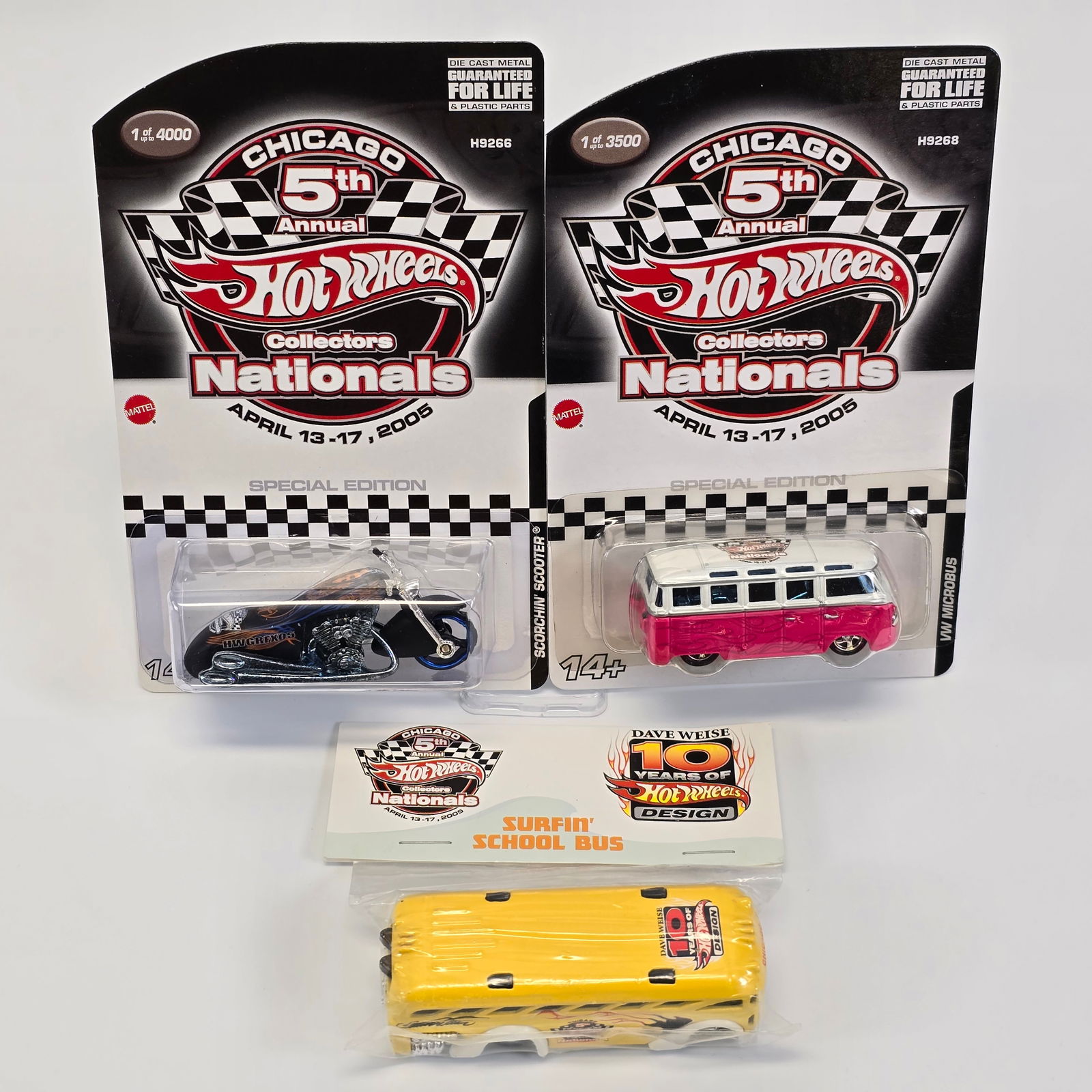Hot Wheels 5th Annual Collectors Nationals lot: Includes: carded Microbus, carded Scorchin Scooter and baggie Surfin S'Cool Bus Cards: excellent with no issues of note, baggie header is excellent as well